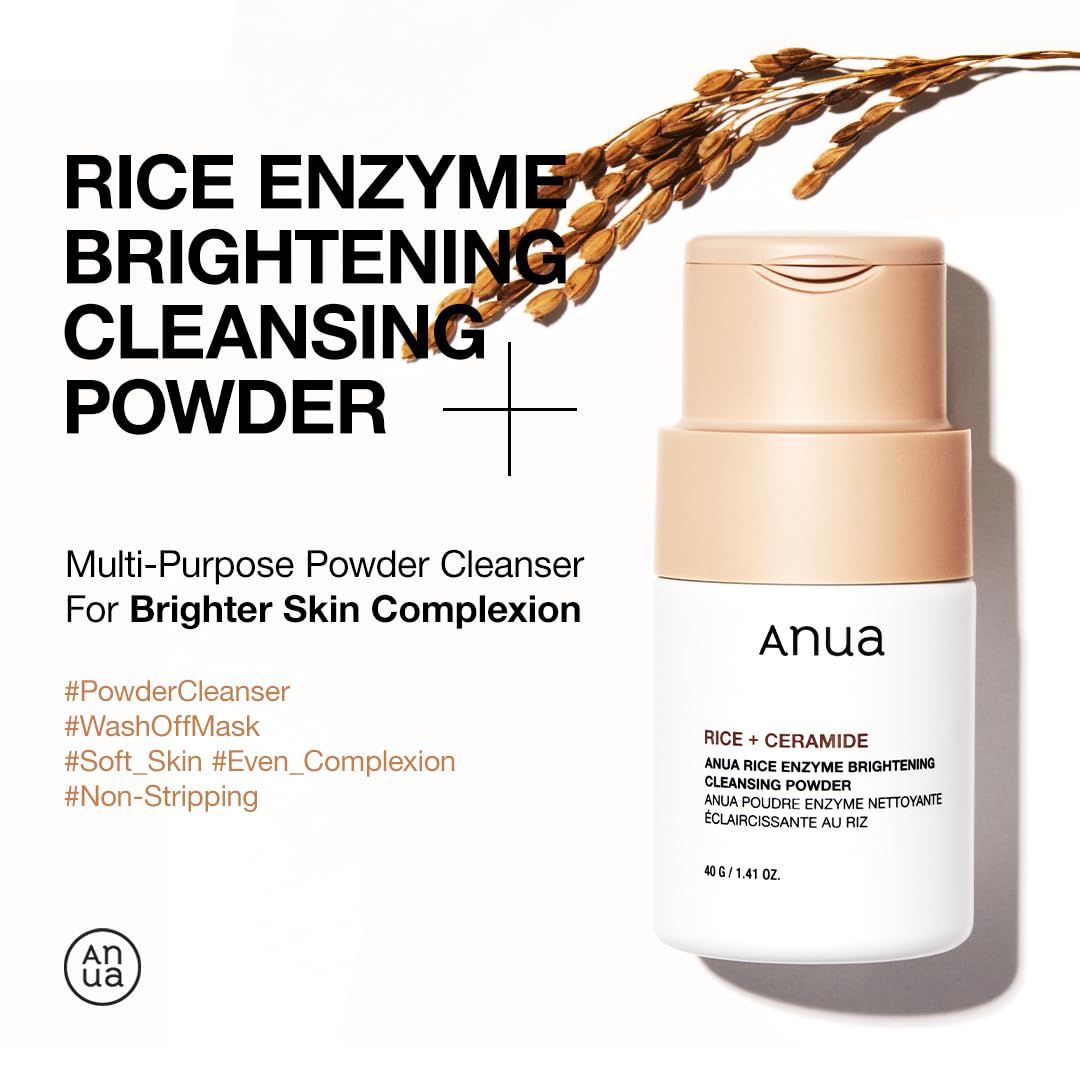ANUA RICE ENZYME BRIGHTENING CLEANSING POWDER, Rice Mask, Ceramide, Gentle Face Wash for Brightening, Radiant Skin, Facial Cleanser for Dry Skin, Korean Skincare, Fragrance Free, 40g