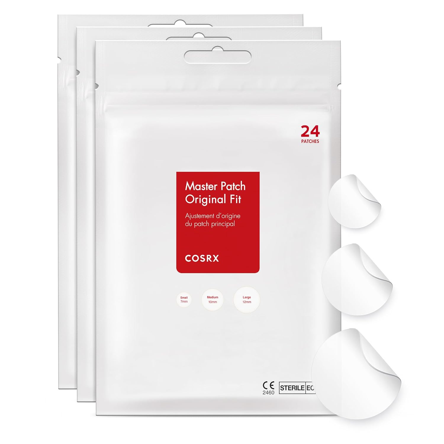 COSRX Acne Pimple Patch Absorbing Hydrocolloid Original 3 Size Patches for Blemishes and Zits Cover, Spot Stickers for Face and Body, Not Tested on Animals (24 PATCHS)