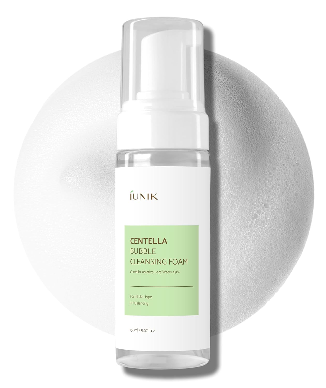 IUNIK Centella Bubble Foaming Vegan Facial Cleanser - 69% Centella Asiatica Extract, Soothing, Moisturizing, Exfoliating, Removes Pore Blackheads, Whiteheads, 150 ML