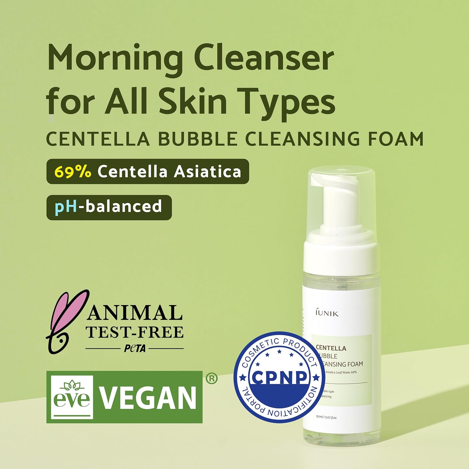 IUNIK Centella Bubble Foaming Vegan Facial Cleanser - 69% Centella Asiatica Extract, Soothing, Moisturizing, Exfoliating, Removes Pore Blackheads, Whiteheads, 150 ML