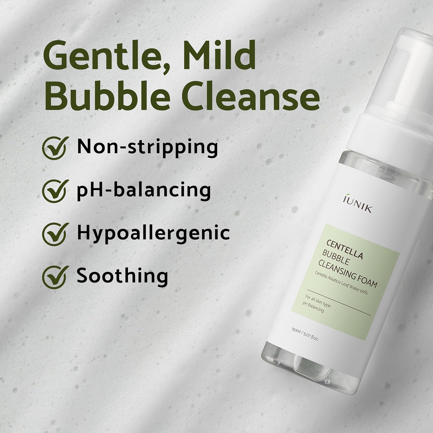 IUNIK Centella Bubble Foaming Vegan Facial Cleanser - 69% Centella Asiatica Extract, Soothing, Moisturizing, Exfoliating, Removes Pore Blackheads, Whiteheads, 150 ML