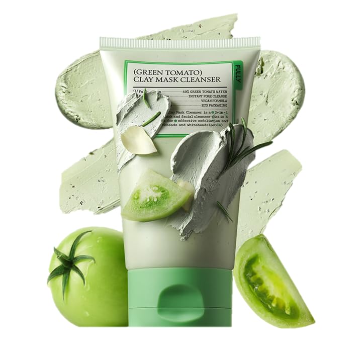 FULLY Green Tomato Clay Mask Cleanser, Pore Purifying with 49% Green Tomato Extract, Sebum & Clogged Pore Care, Exfoliation, Fragrance-Free, Vegan & Dermatologically Tested, 4.05 fl.oz