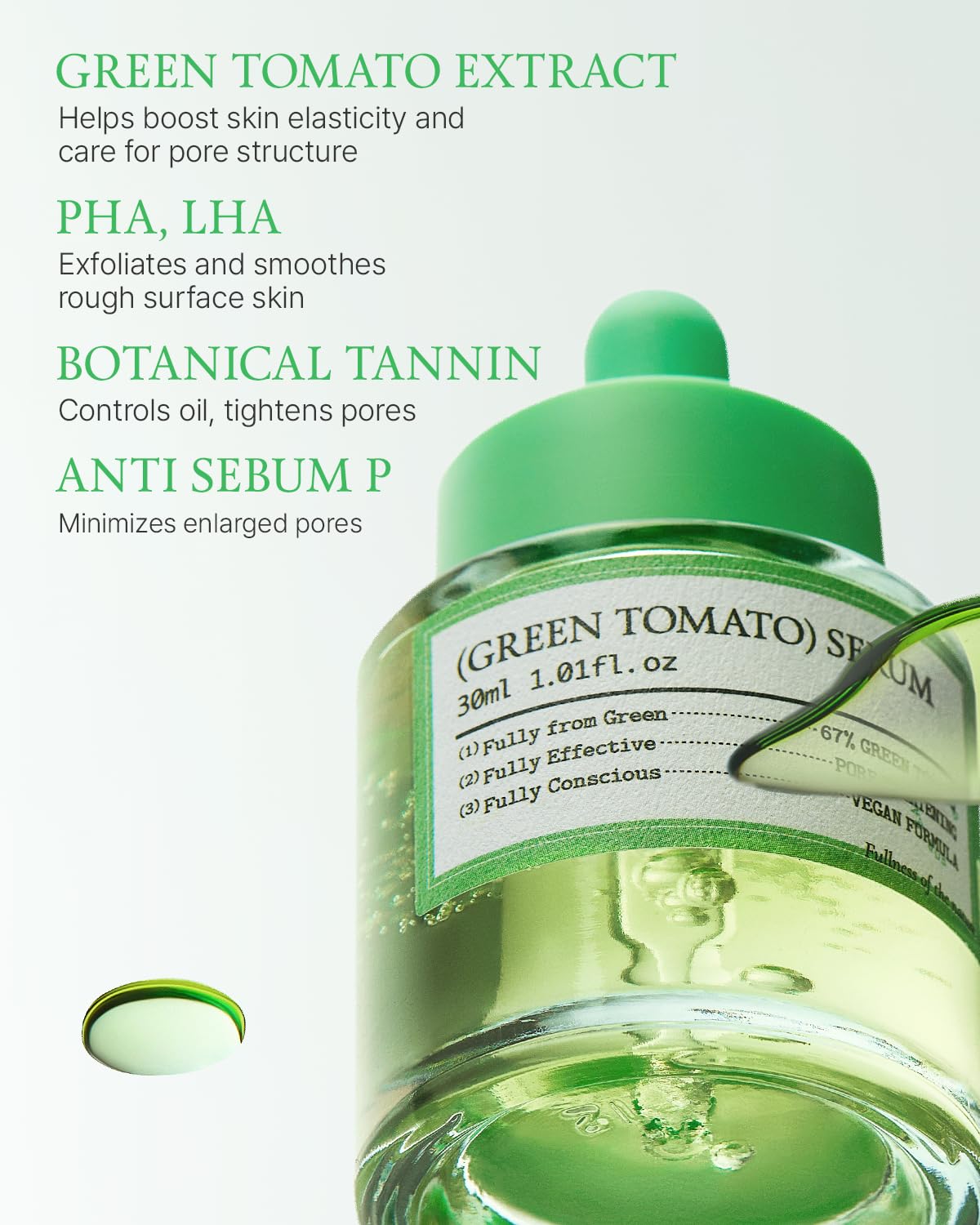 FULLY Green Tomato Serum, Pore Tightening with 67% Green Tomato Extract, Vit C and PHA, Elastcity Boosting and Skin Moisturization, Fragrance Free, Vegan & Dermatologically Tested, 30 ML