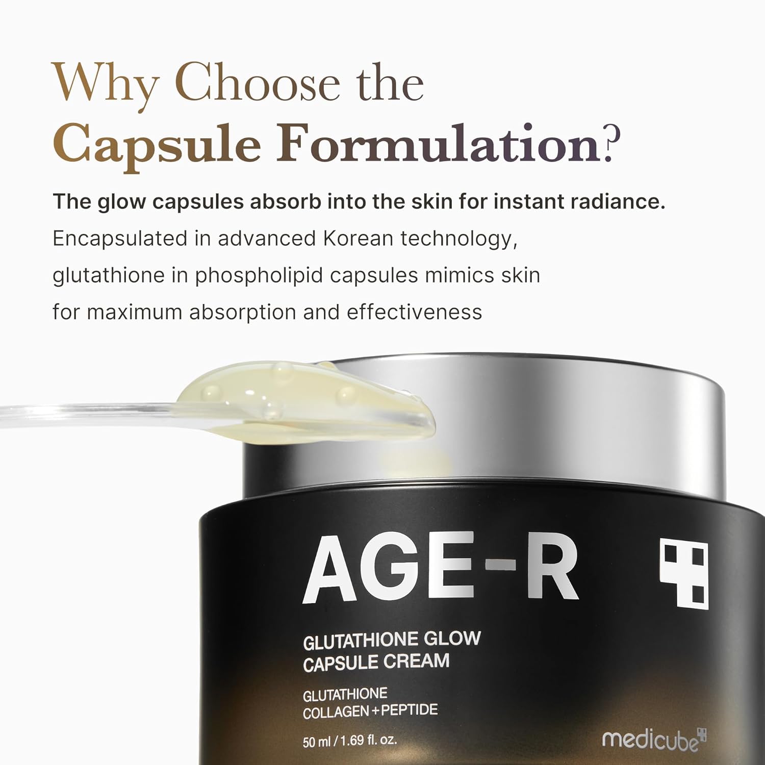 Medicube AGE-R Glutathione Glow Capsule Facial Cream - Instant Lifting Moisturizer - Collagen Peptide For Hydrating Glow - Improve Blemishes, Uneven Skin Tone - Korean Skin Care 1.69 fl.oz 50 ML