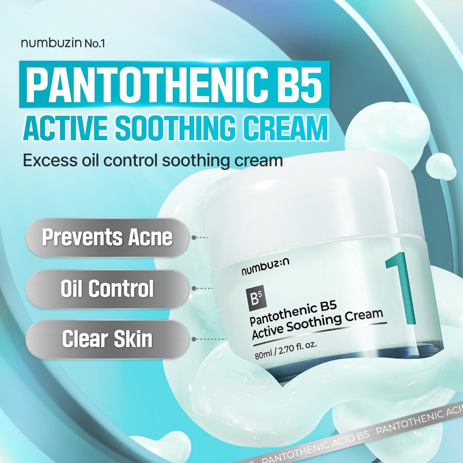 Numbuzin No.1 Cream | Pantothenic B5 Active Soothing Cream | Lightweight Hydrating Moisturizer, Pantothenic Acid, Niacinamide | Excess Oil Control, Soothes Acne | Non-Comedogenic | 2.70 fl. oz. 80 ML