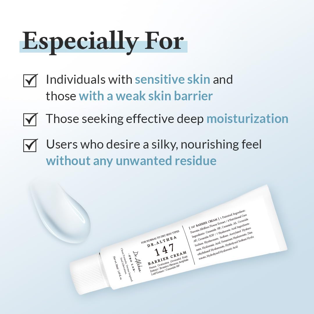 Dr.Althea 147 Barrier Cream | Daily Skin Barrier Care | Deep Hydrating with Hyaluronic Acid & Ceramides | Korean Vegan Skincare for All Skin Types | 1.7 Fl Oz 50 ML