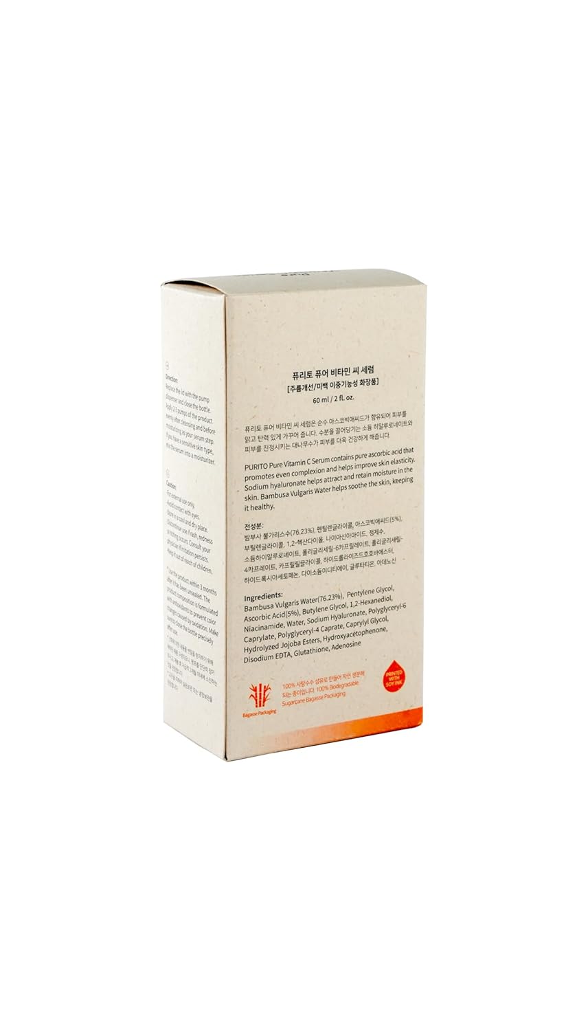 PURITO Pure Vitamin C Serum 60ml / 2.0 fl.oz., Natural Ingredients Serum, Vitamin C, Vegan & Cruelty Free, Hypoallergenic, Calming, Fragrance-free, Korean Skin Care