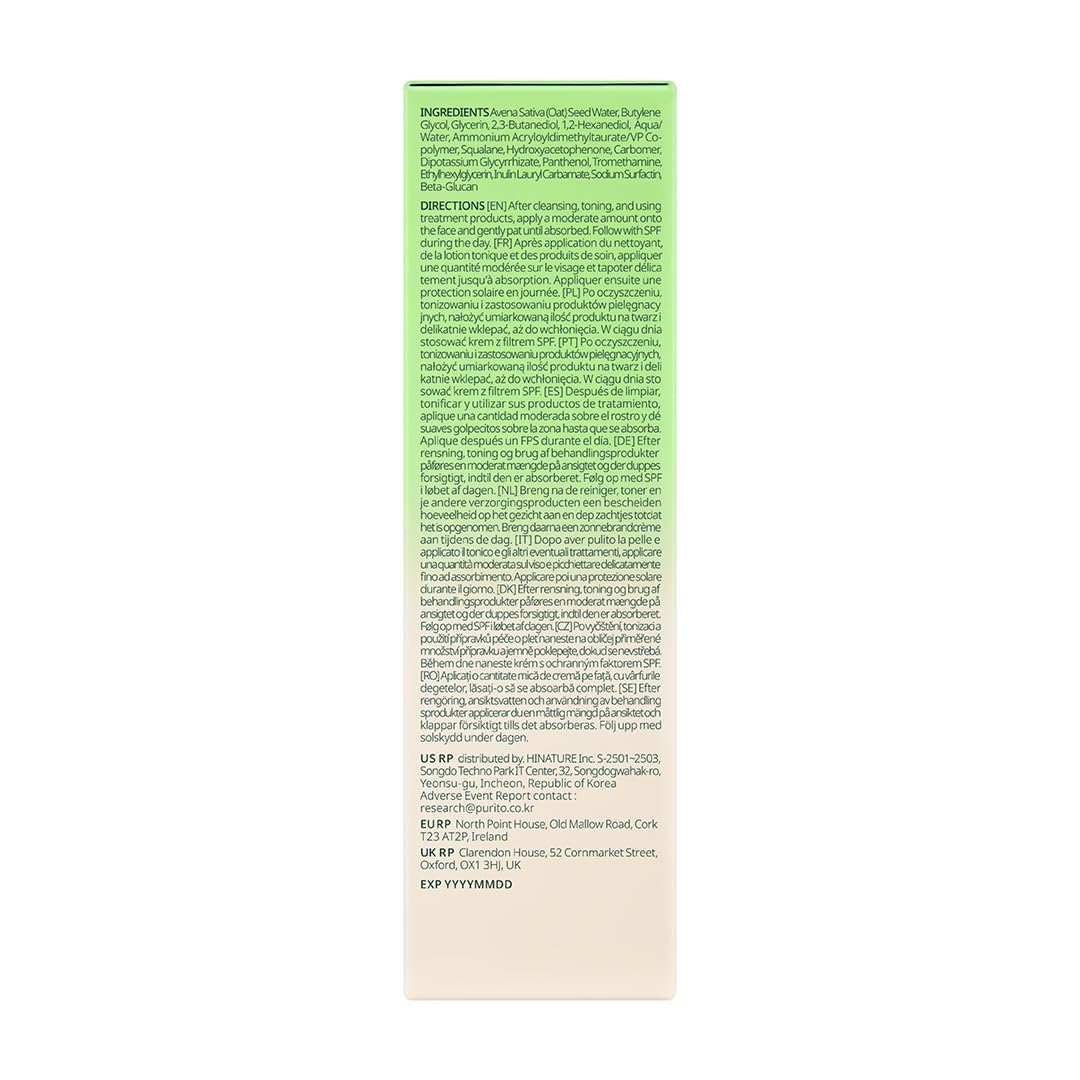 PURITO Oat In Calming Gel Cream, Oat Seed Water for Hydration & Soothing, Lightweight, Non-Sticky Moisturizer for Sensitive Skin, Non-Comedogenic, Fragrance-Free, Korean Skincare, 100ml 3.38 fl.oz