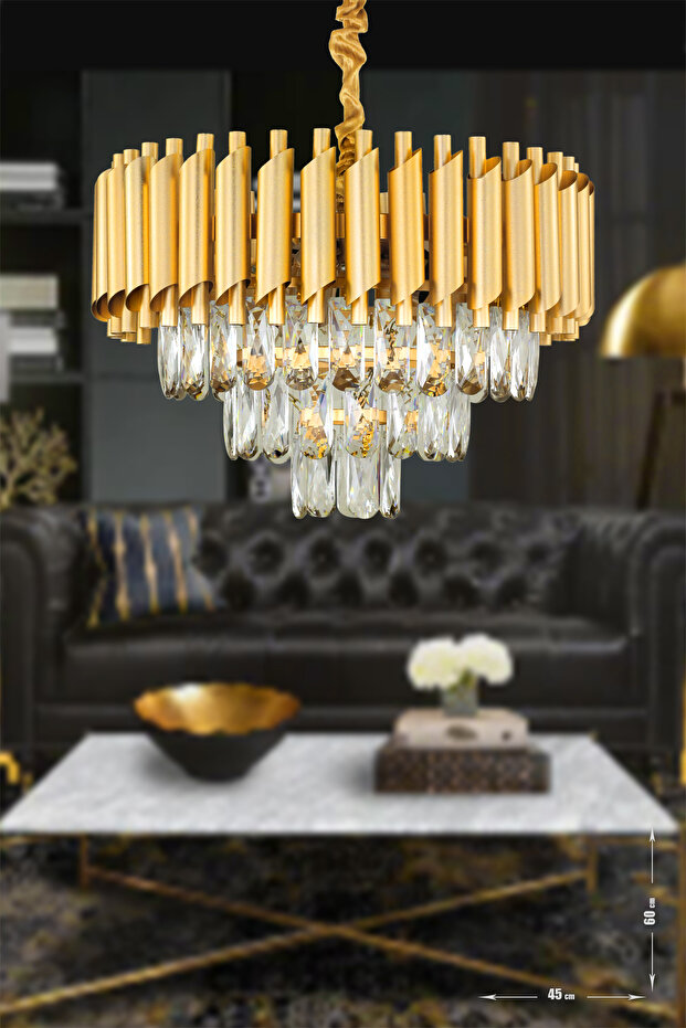 Lüx Kristal Şelale Boru 40'lık Gold - Gold Avize (Kalın Taş)