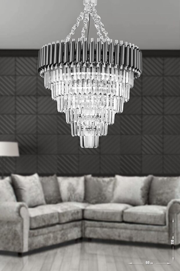 Lüx Kristal Şelale Boru 60'lık Siyah - Gümüş Avize (İnce Taş)