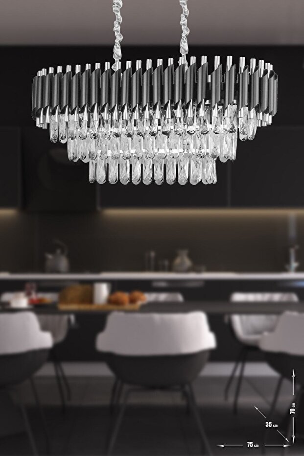 Lüx Kristal Şelale Boru Yemek Masası Siyah - Gümüş Avize (Kalın Taş)