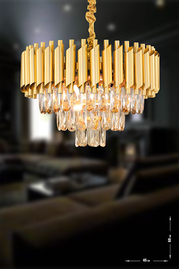 Lüx Kristal Şelale Boru 40'lık Gold - Gold Avize  (Kalın Taş)