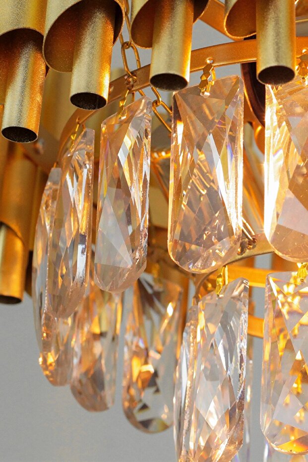 Lüx Kristal Şelale Boru Yemek Masası Gold-Gold Avize (Kalın Taş)