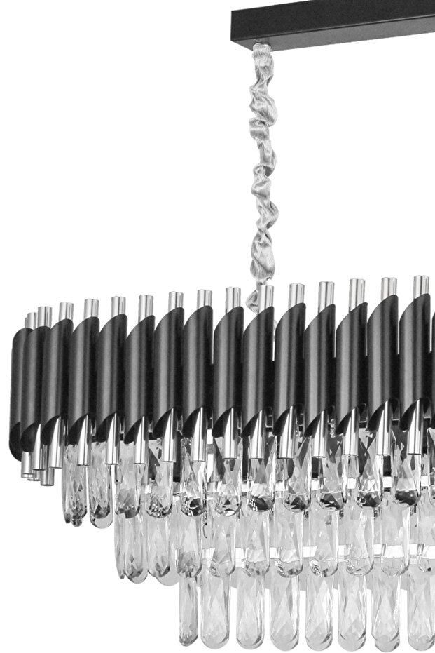 Lüx Kristal Şelale Boru Yemek Masası Siyah - Gümüş Avize (Kalın Taş)