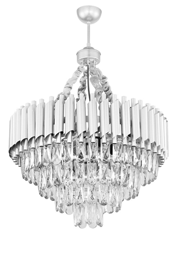 Lüx Kristal Şelale Boru 50'lik Gümüş - Gümüş Avize  (Kalın Taş)