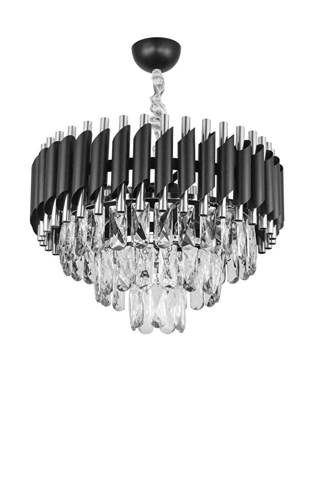 Lüx Kristal Şelale Boru 40'lık Siyah - Gümüş Avize  (Kalın Taş)