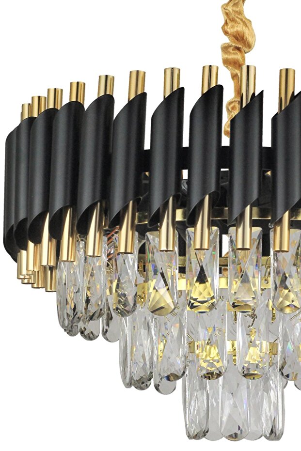 Lüx Kristal Şelale Boru 40'lık Siyah - Gold Avize  (Kalın Taş)