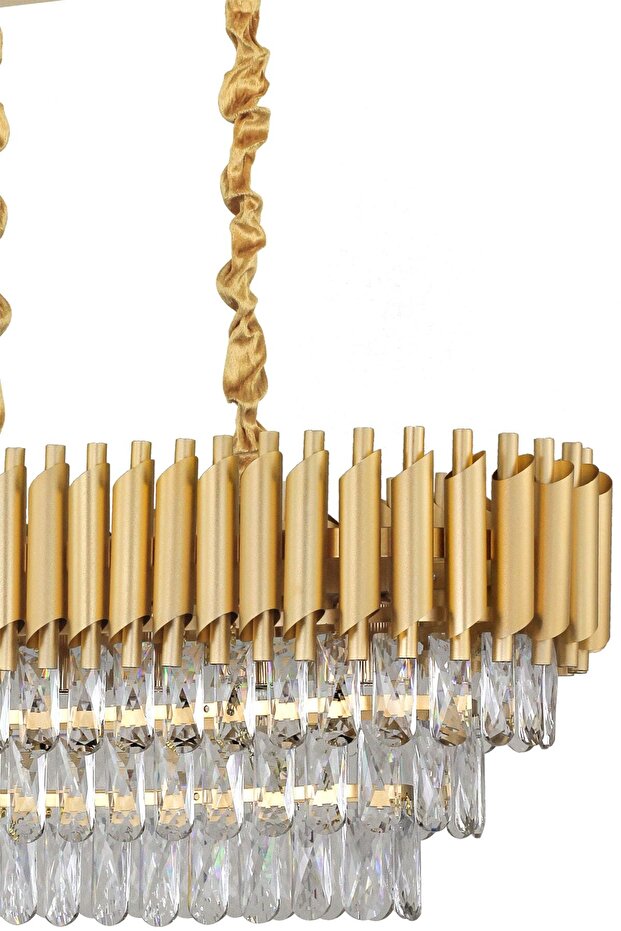 Lüx Kristal Şelale Boru Yemek Masası Gold-Gold Avize (Kalın Taş)