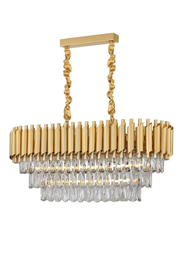 Lüx Kristal Şelale Boru Yemek Masası Gold-Gold Avize (Kalın Taş)