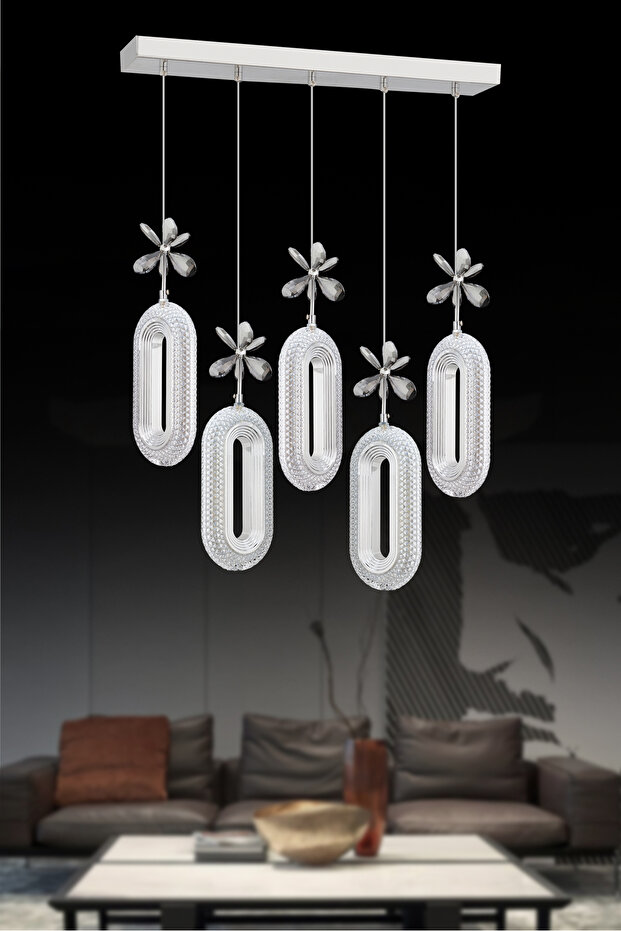 Alfa 5'li Sıralı Ledli Gümüş Avize