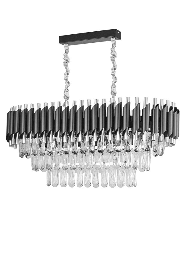 Lüx Kristal Şelale Boru Yemek Masası Siyah - Gümüş Avize (Kalın Taş)