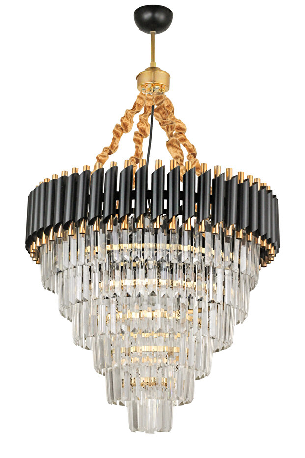 Lüx Kristal Şelale Boru 60'lık Siyah - Gold Avize (İnce Taş)