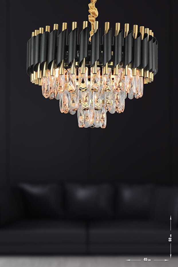 Lüx Kristal Şelale Boru 40'lık Siyah - Gold Avize  (Kalın Taş)