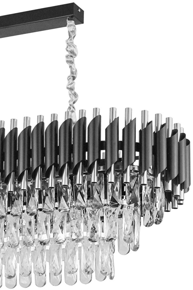 Lüx Kristal Şelale Boru Yemek Masası Siyah - Gümüş Avize (Kalın Taş)