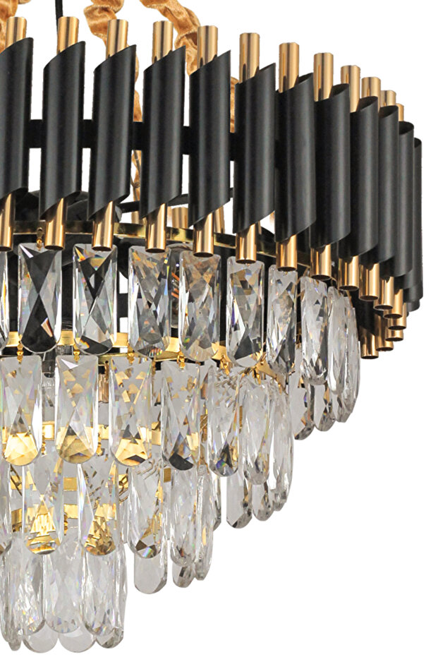 Lüx Kristal Şelale Boru 50'lik Siyah - Gold Avize  (Kalın Taş)