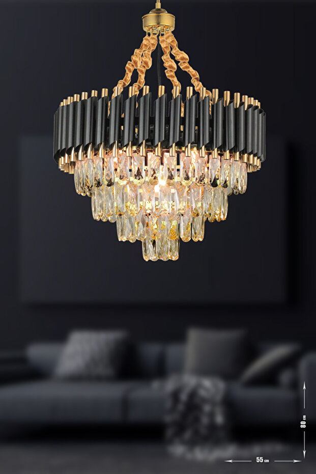 Lüx Kristal Şelale Boru 50'lik Siyah - Gold Avize  (Kalın Taş)