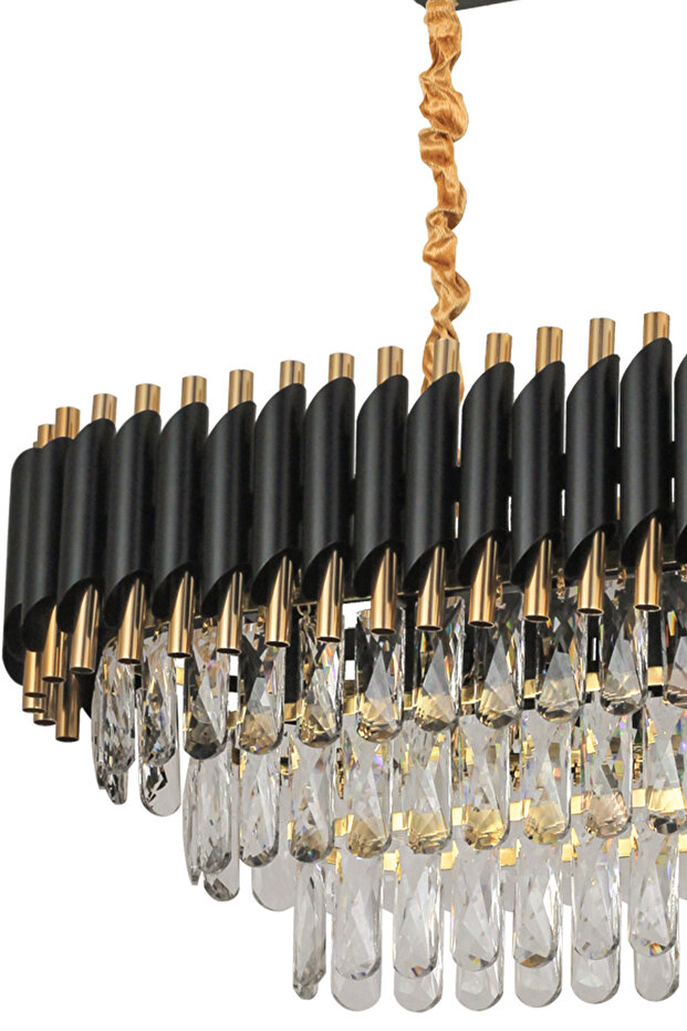 Lüx Kristal Şelale Boru Yemek Masası Siyah - Gold Avize (Kalın Taş)