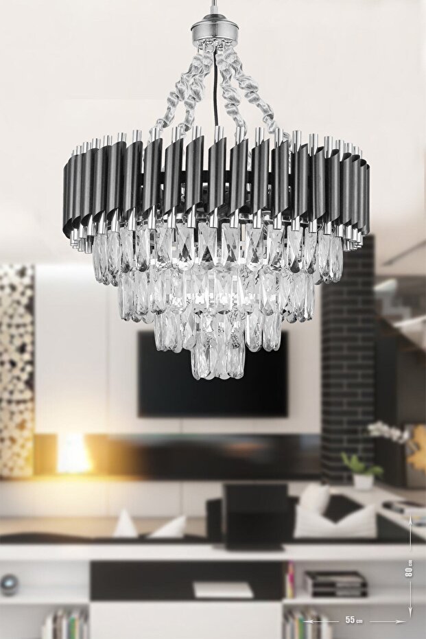 Lüx Kristal Şelale Boru 50'lik Siyah - Gümüş Avize (Kalın Taş)
