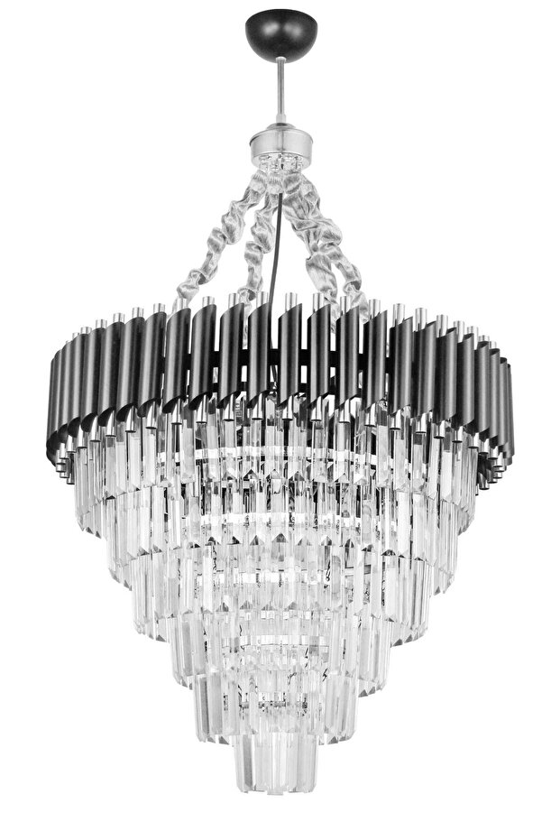 Lüx Kristal Şelale Boru 60'lık Siyah - Gümüş Avize (İnce Taş)