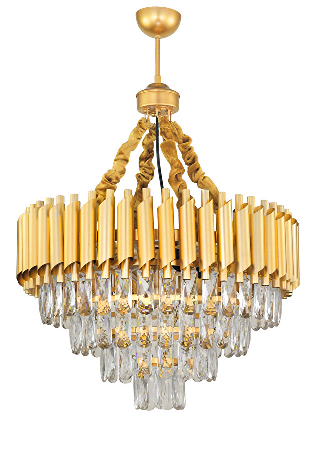 Lüx Kristal Şelale Boru 50'lik Gold - Gold Avize (Kalın Taş)