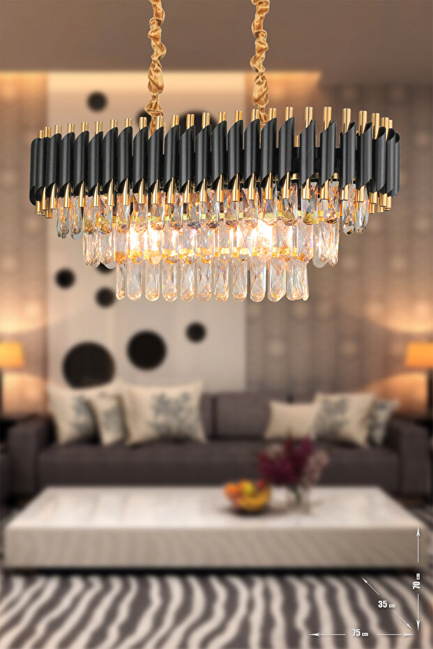 Lüx Kristal Şelale Boru Yemek Masası Siyah - Gold Avize (Kalın Taş)