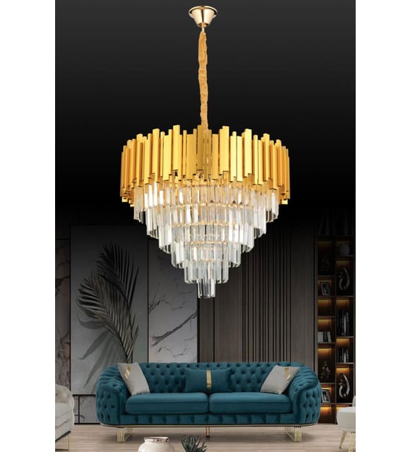 Lüx Kristal Şelale Profil 60'lık Gold Avize  (İnce Taş)