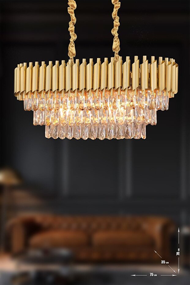 Lüx Kristal Şelale Boru Yemek Masası Gold-Gold Avize (Kalın Taş)