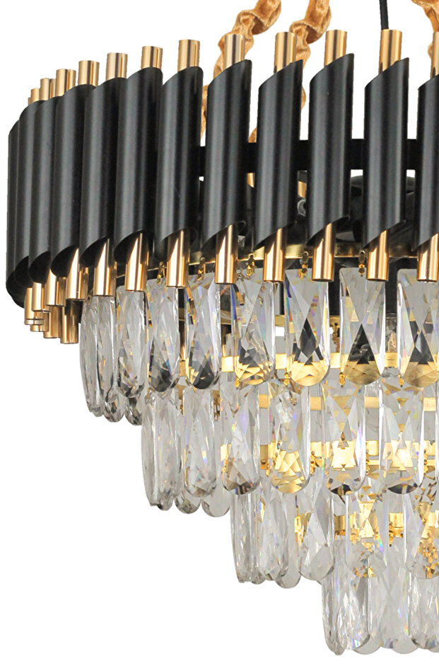 Lüx Kristal Şelale Boru 50'lik Siyah - Gold Avize  (Kalın Taş)