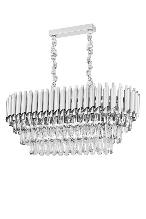 Lüx Kristal Şelale Boru Yemek Masası Gümüş - Gümüş Avize (Kalın Taş)