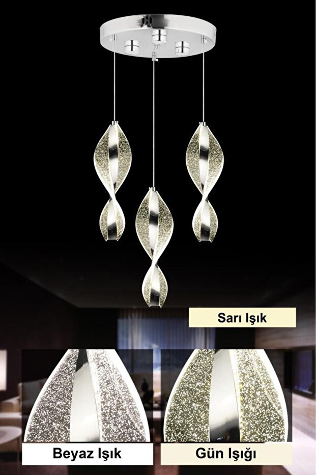 Mars 3'lü Ledli Gümüş Avize