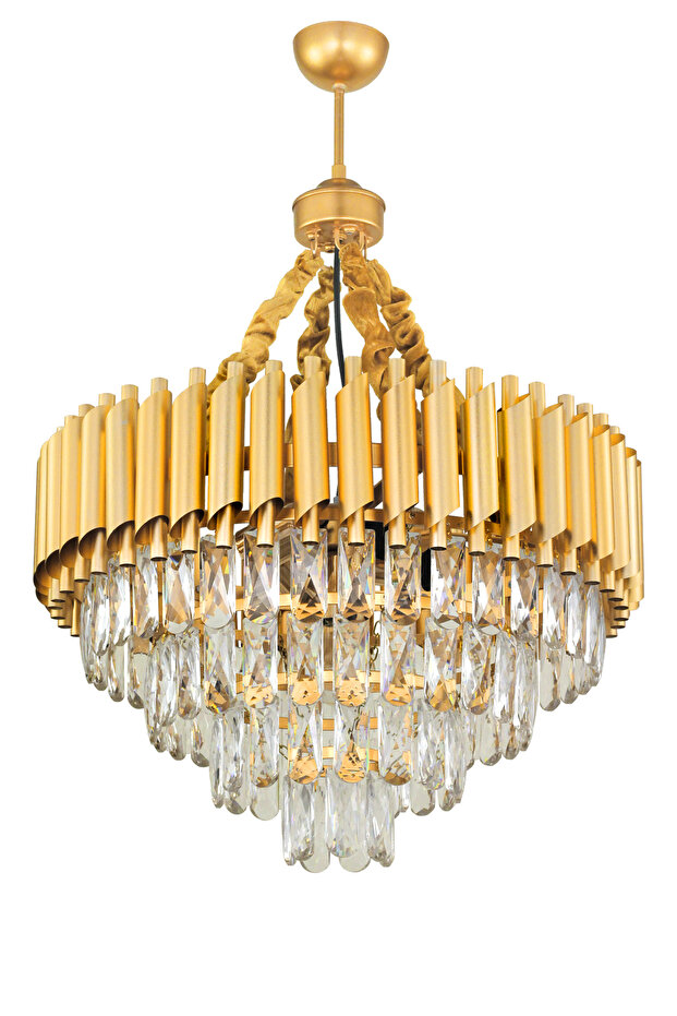 Lüx Kristal Şelale Boru 50'lik Gold - Gold Avize (Kalın Taş)