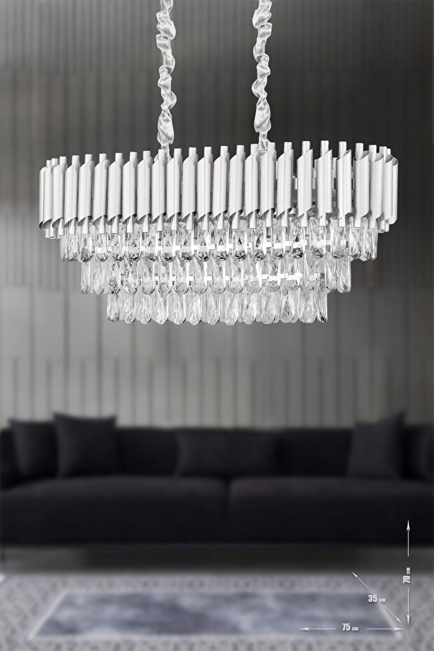 Lüx Kristal Şelale Boru Yemek Masası Gümüş - Gümüş Avize (Kalın Taş)