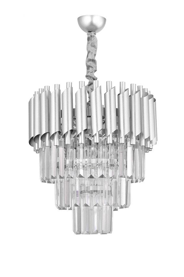 Lüx Kristal Şelale Boru 40'lık Gümüş - Gümüş Avize (İnce Taş)