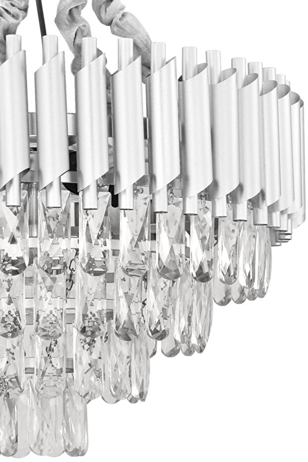 Lüx Kristal Şelale Boru 50'lik Gümüş - Gümüş Avize  (Kalın Taş)