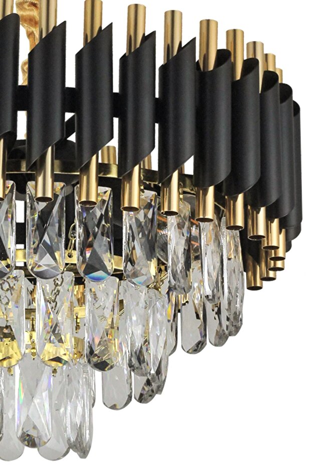 Lüx Kristal Şelale Boru 40'lık Siyah - Gold Avize  (Kalın Taş)
