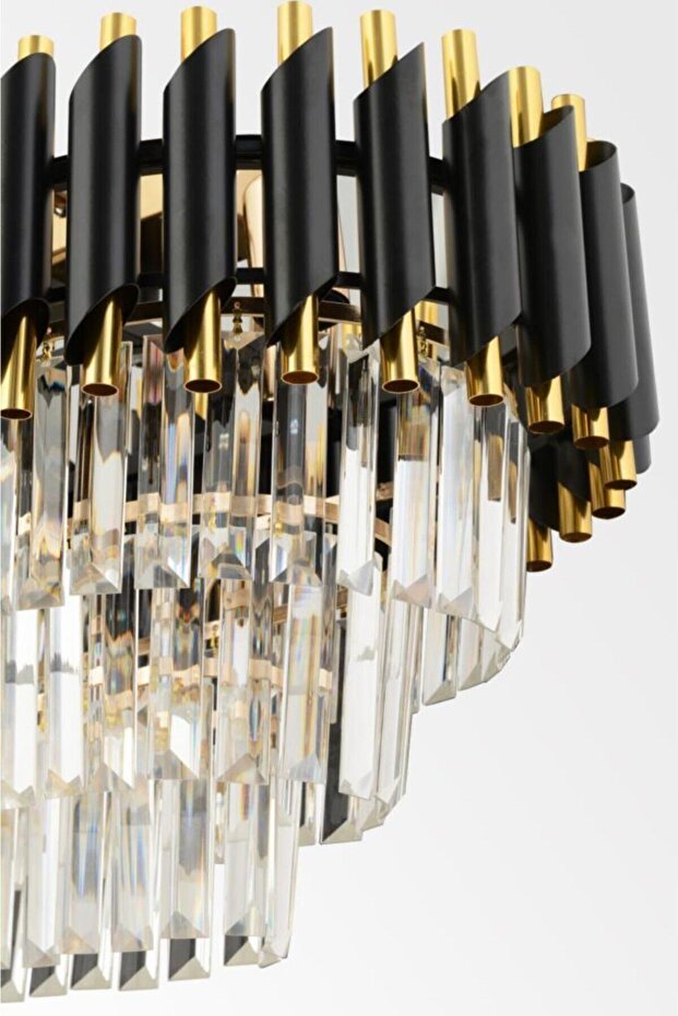 Lüx Kristal Şelale Boru Yemek Masası Siyah - Gold Avize (İnce Taş)