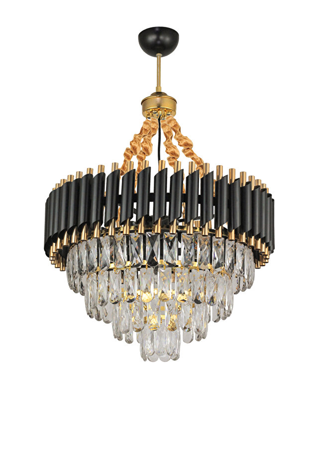 Lüx Kristal Şelale Boru 50'lik Siyah - Gold Avize  (Kalın Taş)