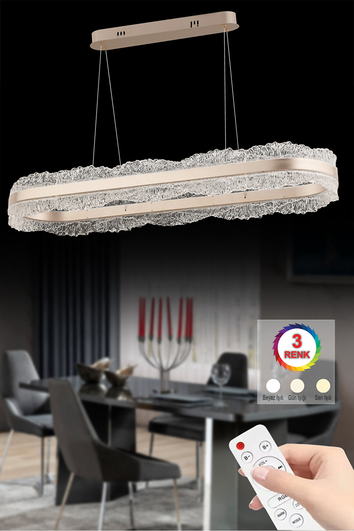 Tek Katlı Kristal Yemek Masası Çember LED Avize