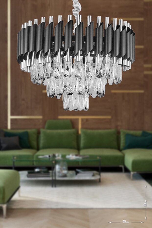 Lüx Kristal Şelale Boru 40'lık Siyah - Gümüş Avize  (Kalın Taş)