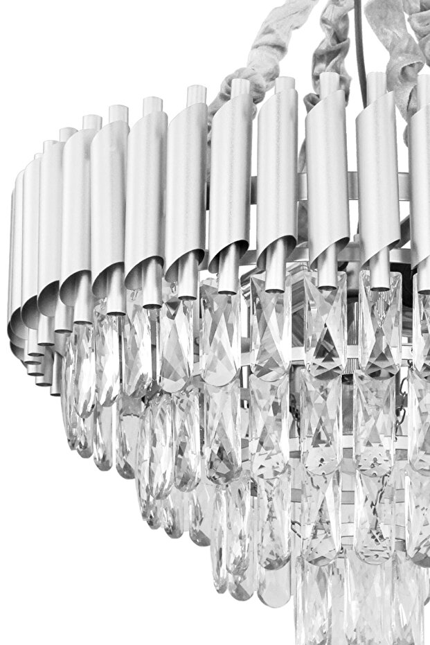 Lüx Kristal Şelale Boru 50'lik Gümüş - Gümüş Avize  (Kalın Taş)